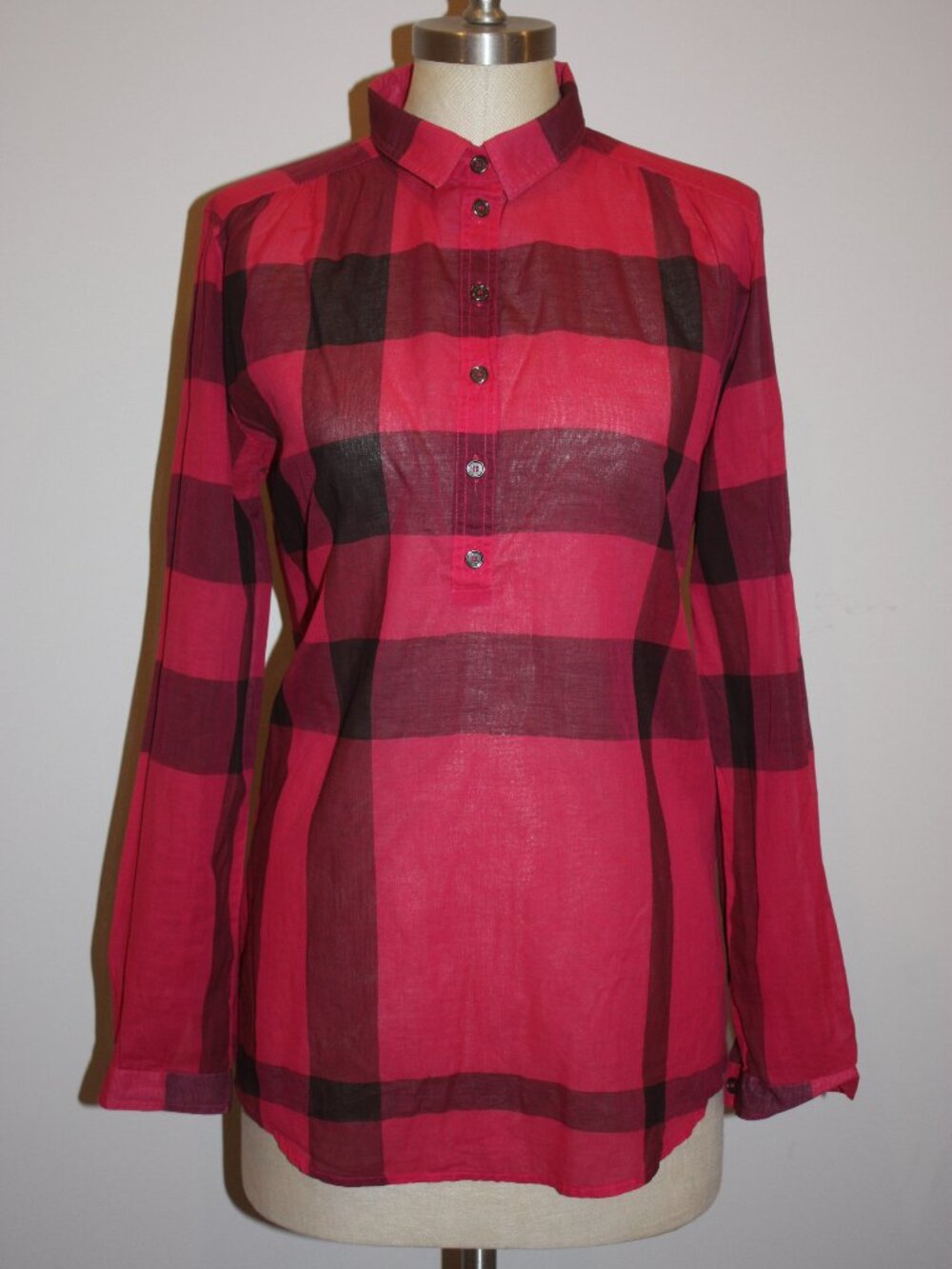 BURBERRY BRIT PLAID FUCSIA PINK LONG SLEEVE SHIRT TOP - SMALL (2-4)